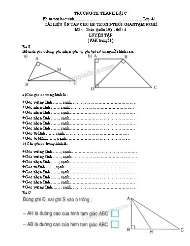 Bài tập Toán Lớp 4 - Tuần 10 - Trường Tiểu học Thành Lợi C (Có đáp án)