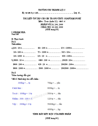 Bài tập Toán Lớp 4 - Tuần 11 - Trường Tiểu học Thành Lợi C (Có đáp án)