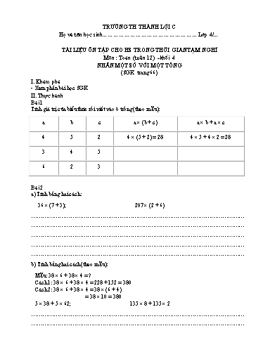 Bài tập Toán Lớp 4 - Tuần 12 - Trường Tiểu học Thành Lợi C (Có đáp án)