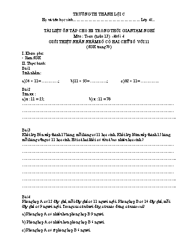Bài tập Toán Lớp 4 - Tuần 13 - Trường Tiểu học Thành Lợi C (Có đáp án)