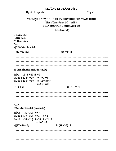 Bài tập Toán Lớp 4 - Tuần 14 - Trường Tiểu học Thành Lợi C (Có đáp án)