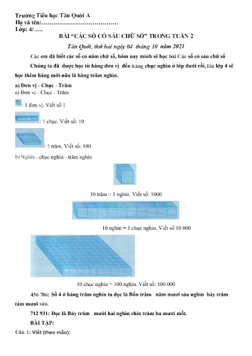 Bài tập Toán Lớp 4 - Tuần 2 - Năm học 2021-2022 - Trường Tiểu học Tân Quới A