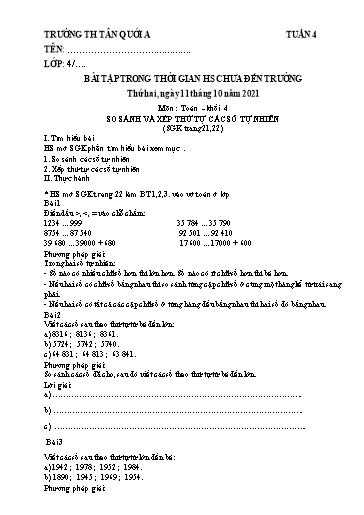 Bài tập Toán Lớp 4 - Tuần 4 - Năm học 2021-2022 - Trường Tiểu học Tân Quới A (Có đáp án)