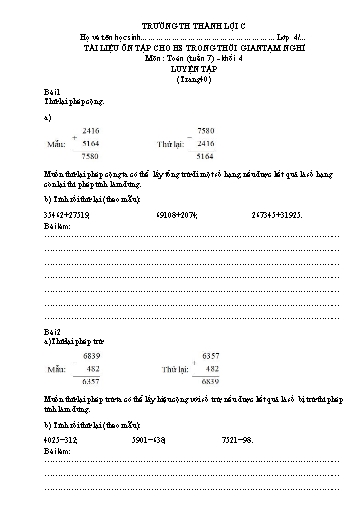 Bài tập Toán Lớp 4 - Tuần 7 - Trường Tiểu học Thành Lợi C (Có đáp án)