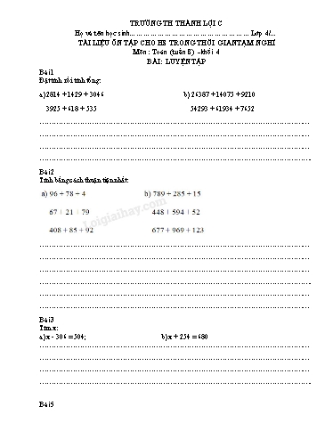 Bài tập Toán Lớp 4 - Tuần 8 - Trường Tiểu học Thành Lợi C (Có đáp án)