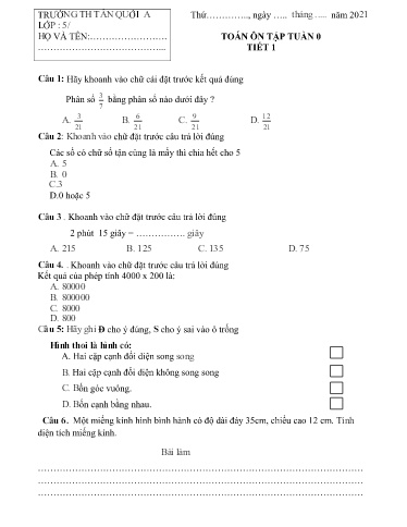 Bài tập Toán Lớp 5 - Tuần 0 - Năm học 2021-2022 - Trường Tiểu học Tân Quới A (Có đáp án)