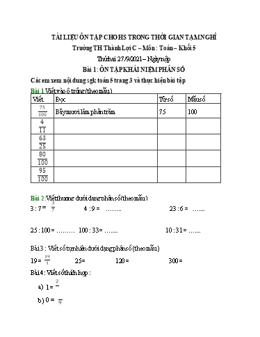 Bài tập Toán Lớp 5 - Tuần 1 - Trường Tiểu học Thành Lợi C (Có đáp án)