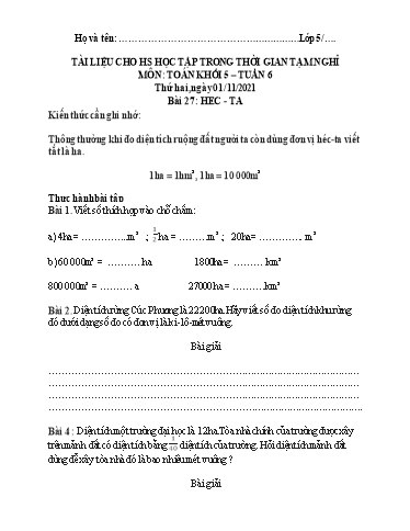 Bài tập Toán Lớp 5 - Tuần 6 - Trường Tiểu học Thành Lợi C (Có đáp án)