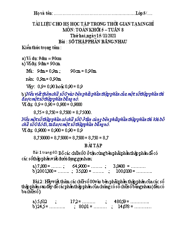 Bài tập Toán Lớp 5 - Tuần 8 - Trường Tiểu học Thành Lợi C (Có đáp án)