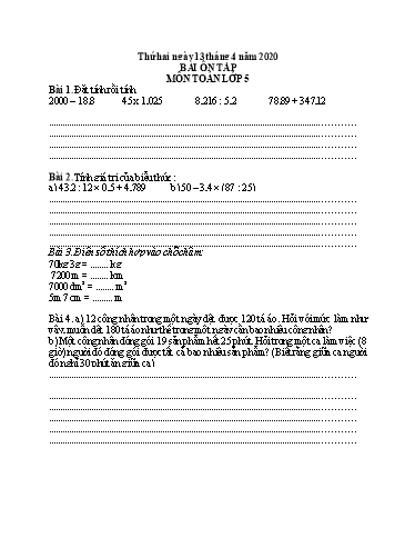 Bài tập Toán, Tiếng Việt Lớp 5 - Ngày 13/4 đến 17/4 - Năm học 2019-2020 - Trường Tiểu học Tân Quới A