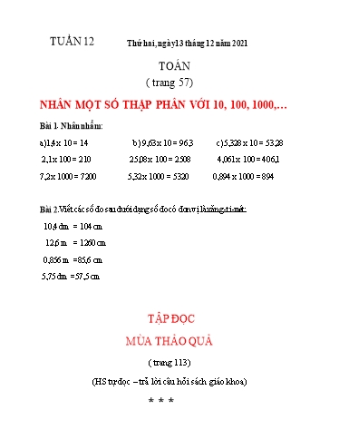 Bài tập Toán, Tiếng Việt Lớp 5 - Tuần 12 - Năm học 2021-2022 - Trường Tiểu học Tân Quới A