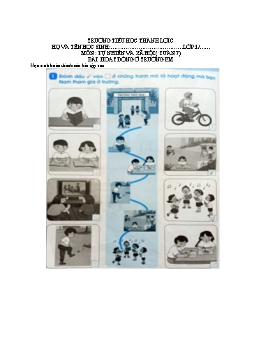 Bài tập Tự nhiên và Xã hội Lớp 1 - Tuần 7, Bài: Hoạt động ở trường em - Trường Tiểu học Thành Lợi C (Có đáp án)