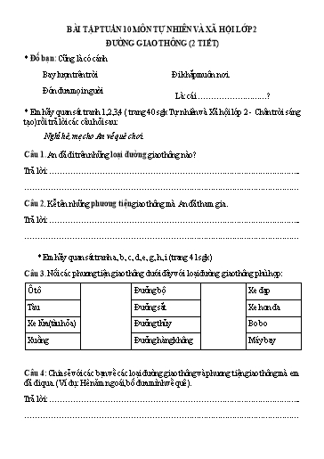 Bài tập Tự nhiên và Xã hội Lớp 2 - Tuần 10, Bài: Đường giao thông - Trường Tiểu học Thành Lợi C (Có đáp án)
