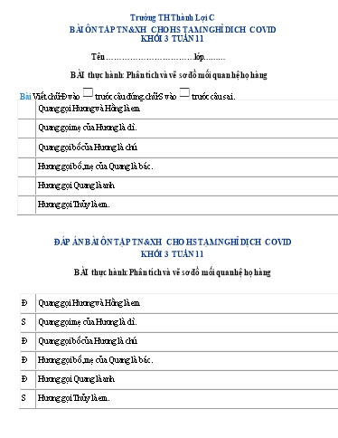 Bài tập Tự nhiên và Xã hội Lớp 3 - Tuần 11 - Trường Tiểu học Thành Lợi C (Có đáp án)
