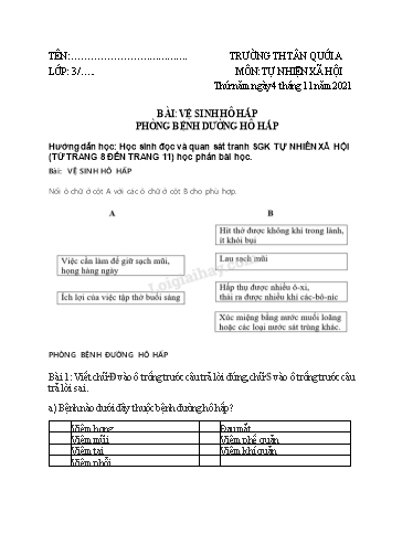 Bài tập Tự nhiên và Xã hội Lớp 3 - Tuần 6 - Năm học 2021-2022 - Trường Tiểu học Tân Quới A (Có đáp án)