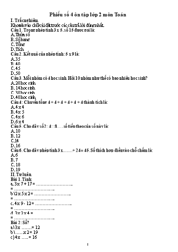 Bài tập tự ôn ở nhà môn Toán, Tiếng Việt Lớp 2 - Phiếu số 4
