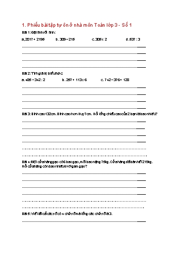 Bộ 5 phiếu bài tập tự ôn ở nhà môn Toán Lớp 3