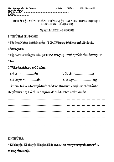 Đề bài tập môn Toán Tiếng Việt Khối 4 - Tuần 3 - Năm học 2021-2022 - Trường TH Nguyễn Văn Thảnh A