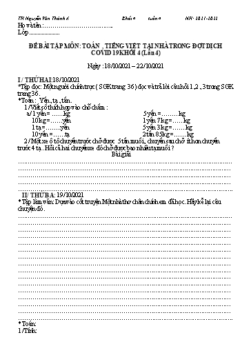Đề bài tập môn Toán, Tiếng Việt Khối 4 - Tuần 4 - Năm học 2021-2022 - Trường TH Nguyễn Văn Thảnh A