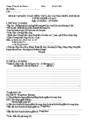 Đề bài tập môn Toán, Tiếng Việt Khối 4 - Tuần 5 - Năm học 2021-2022 - Trường TH Nguyễn Văn Thảnh A