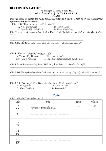 Đề cương ôn tập các môn Lớp 5 - Tuần 1
