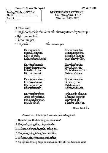 Đề cương ôn tập môn Tiếng Việt Lớp 5 - Tuần 2 - Năm học 2021-2022 - Trường TH Nguyễn Văn Thảnh A