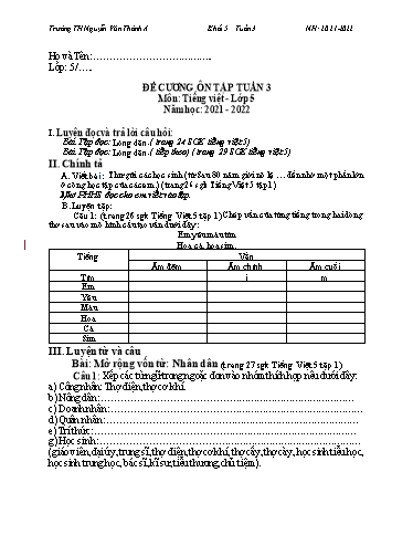 Đề cương ôn tập môn Tiếng Việt Lớp 5 - Tuần 3 - Năm học 2021-2022 - Trường TH Nguyễn Văn Thảnh A