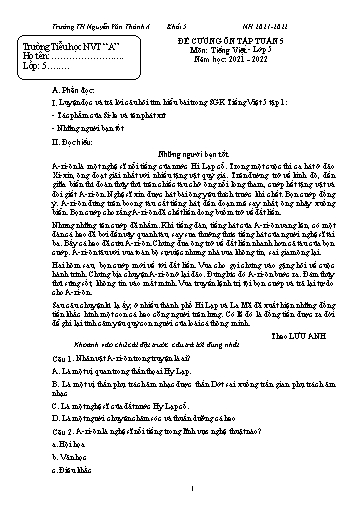 Đề cương ôn tập môn Tiếng Việt Lớp 5 - Tuần 5 - Năm học 2020-2021 - Trường TH Nguyễn Văn Thảnh A