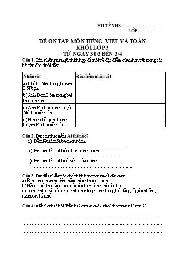 Đề ôn tập môn Toán, Tiếng Việt Lớp 3 - Từ 30/3 đến 1/5 - Năm học 2019-2020 - Phùng Kim Định