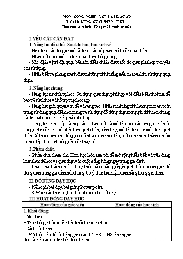 Giáo án Công nghệ Lớp 3 - Bài: Sử dụng quạt điện (Tiết 1) - Năm học 2022-2023