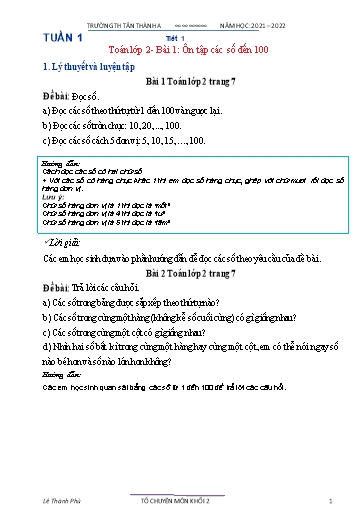 Giáo án Toán Lớp 2 - Tuần 1 - Năm học 2021-2022 - Lê Thành Phú