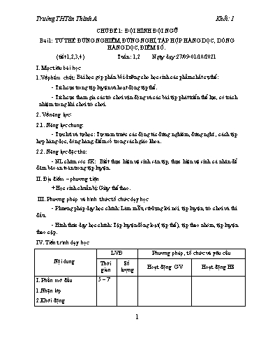 Giáo dục thể chất Lớp 1 - Chủ đề 1: Đội hình đội ngũ - Tuần 1+2, Bài 1: Tư thế đứng nghiêm, đứng nghỉ, tập hợp hàng dọc, dóng hàng dọc, điểm số - Năm học 2021-2022 - Trường Tiểu học Tân Thành A