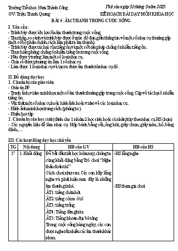 Kế hoạch bài dạy môn Khoa học Lớp 4 - Bài 5: âm thanh trong cuộc sống - Năm học 2023-2024 - Triệu Thanh Quang