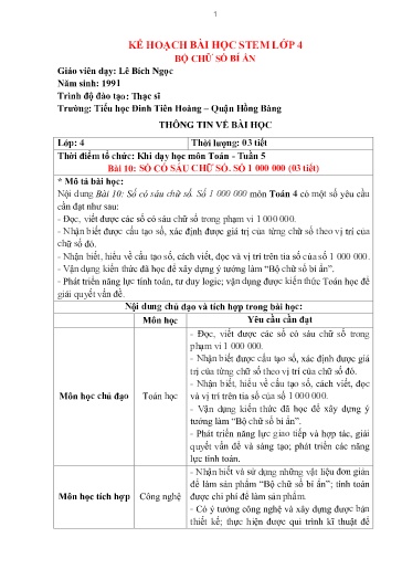 Kế hoạch bài dạy STEM Lớp 4 - Tuần 5, Bài 10: Số có sáu chữ số. Số 1 000 000 - Năm học 2023-2024 - Lê Bích Ngọc