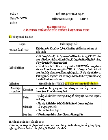 Kế hoạch bài dạy STEM Lớp 5 - Bài: Cẩm nang chăm sóc sức khỏe bà mẹ mang thai