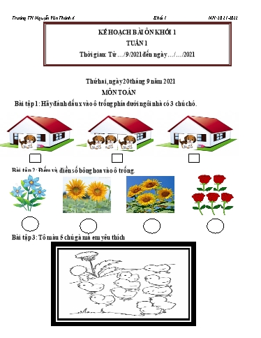 Kế hoạch bài ôn môn Toán, Tiếng Việt Lớp 1 - Tuần 1 - Năm học 2021-2022 - Trường TH Nguyễn Văn Thảnh A