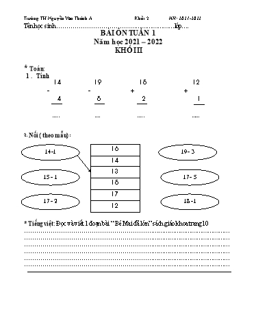 Kế hoạch bài ôn môn Toán, Tiếng Việt Lớp 2 - Tuần 2 - Năm học 2021-2022 - Trường TH Nguyễn Văn Thảnh A