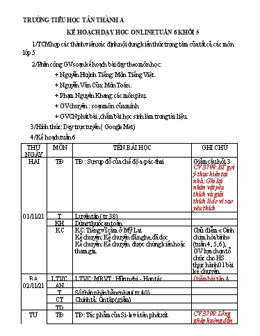 Kế hoạch dạy học Lớp 5 - Tuần 6 - Năm học 2021-2022 - Nguyễn Huỳnh Tiếng