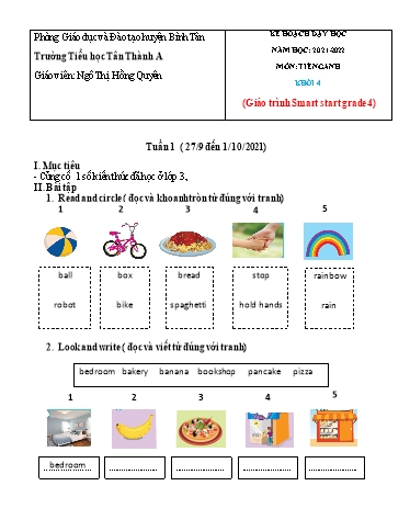 Kế hoạch dạy học môn Tiếng Anh Khối 4 (Smart Start) - Năm học 2021-2022  - Ngô Thị Hồng Quyên