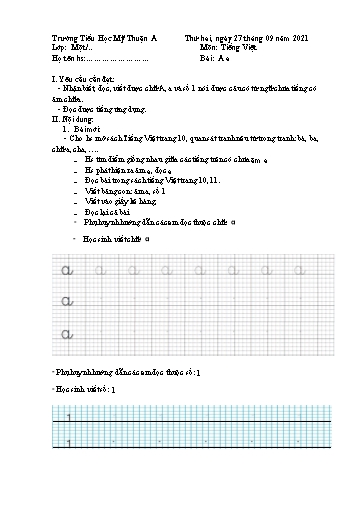 Kế hoạch ôn tập môn Toán, Tiếng Việt Lớp 1 - Tuần 1 - Năm học 2021-2022 - Trường Tiểu học Mỹ Thuận A