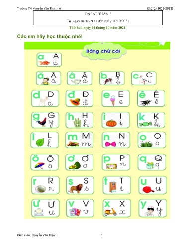 Kế hoạch ôn tập môn Toán, Tiếng Việt Lớp 1 - Tuần 2 - Năm học 2021-2022 - Nguyễn Văn Thịnh