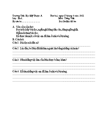 Kế hoạch ôn tập môn Toán, Tiếng Việt Lớp 2 - Tuần 1 - Năm học 2021-2022 - Trường Tiểu học Mỹ Thuận A