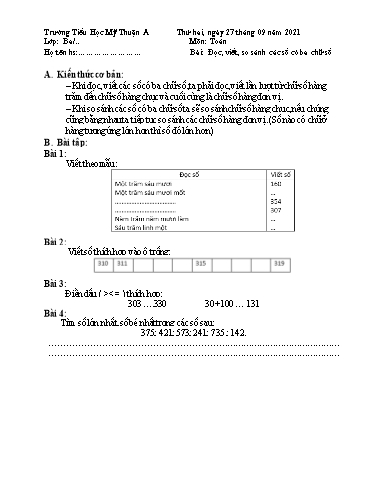 Kế hoạch ôn tập môn Toán, Tiếng Việt Lớp 3 - Tuần 1 - Năm học 2021-2022 - Trường Tiểu học Mỹ Thuận A