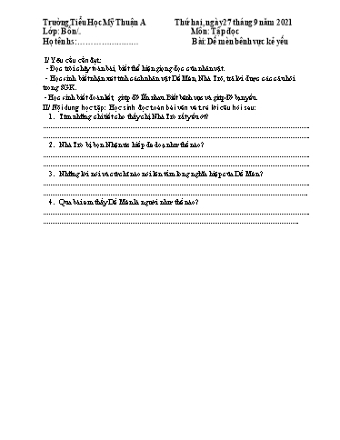 Kế hoạch ôn tập môn Toán, Tiếng Việt Lớp 4 - Tuần 1 - Năm học 2021-2022 - Trường Tiểu học Mỹ Thuận A
