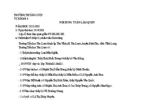 Nội dung học tập Khối 4 - Tuần làm quen - Năm học 2021-2022 - Trường Tiểu học Tân Lược