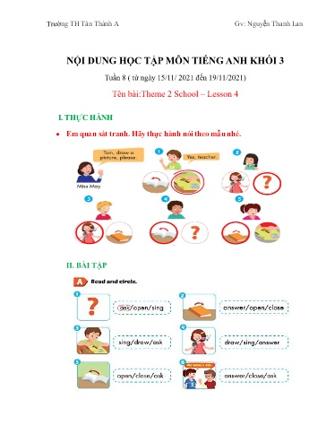 Nội dung học tập môn Tiếng Anh Khối 3 - Tuần 8, Theme 2: School - Lesson 4 - Nguyễn Thanh Lan