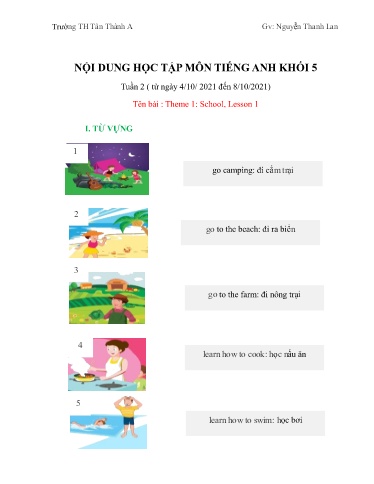 Nội dung học tập môn Tiếng Anh Khối 5 - Tuần 2, Theme 1: School - Lesson 1 - Nguyễn Thanh Lan
