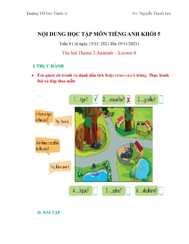 Nội dung học tập môn Tiếng Anh Khối 5 - Tuần 8, Theme 2: Animals - Lesson 4 - Nguyễn Thanh Lan