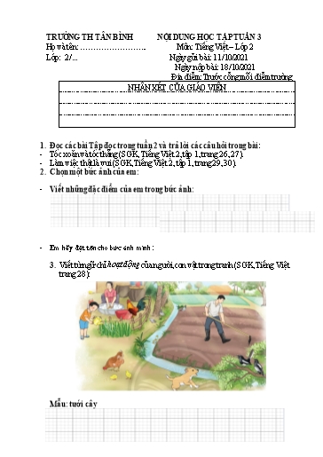 Nội dung học tập môn Tiếng Việt Lớp 2 - Tuần 3 - Năm học 2021-2022 - Trường Tiểu học Tân Bình