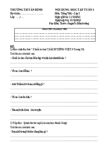 Nội dung học tập môn Tiếng Việt Lớp 5 - Tuần 3 - Năm học 2021-2022 - Trường Tiểu học Tân Bình